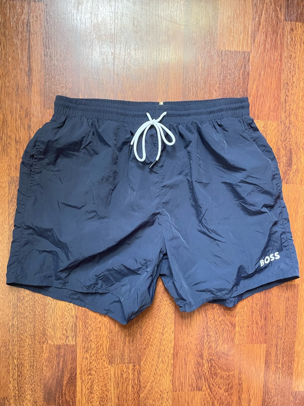 Hugo BOSS Navy Swim Shorts with White Drawstring Large